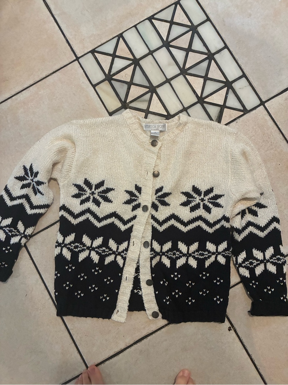 Vintage Cream & Black Nordic Knit Cardigan Sweater